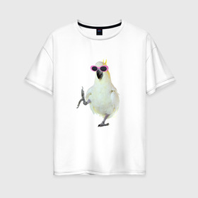 Женская футболка хлопок Oversize с принтом Попугай в очках в Петрозаводске, 100% хлопок | свободный крой, круглый ворот, спущенный рукав, длина до линии бедер
 | крутой попугай | мем | попугай в очках | прикол | птица | смешная картинка