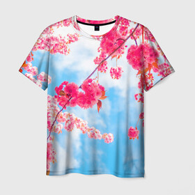 Мужская футболка 3D с принтом Цветение Вишни в Петрозаводске, 100% полиэфир | прямой крой, круглый вырез горловины, длина до линии бедер | Тематика изображения на принте: flowers | pink | бутоны | весна | вишня | дерево | листья | небо | облака | природа | розовый | сакура | солнце | цветение | цветочки | цветы