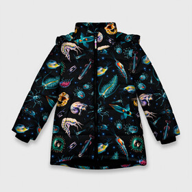 Зимняя куртка для девочек 3D с принтом Creatures of Deep ocean в Петрозаводске, ткань верха — 100% полиэстер; подклад — 100% полиэстер, утеплитель — 100% полиэстер. | длина ниже бедра, удлиненная спинка, воротник стойка и отстегивающийся капюшон. Есть боковые карманы с листочкой на кнопках, утяжки по низу изделия и внутренний карман на молнии. 

Предусмотрены светоотражающий принт на спинке, радужный светоотражающий элемент на пуллере молнии и на резинке для утяжки. | creatures | dark | deep | fish | ocean | кальмар | монстр | океан | рыбы | хищник
