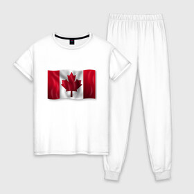 Женская пижама хлопок с принтом Канада в Петрозаводске, 100% хлопок | брюки и футболка прямого кроя, без карманов, на брюках мягкая резинка на поясе и по низу штанин | 3d | 3д | canada | государственный | государство | канада | канадец | канадский | канадцы | клён | лист | листья | объёмный | страна | страны | туристические | туристический | флаг | флаги | флажки | флажок