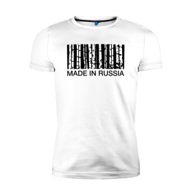Мужская футболка премиум с принтом Made in Russia в Петрозаводске, 92% хлопок, 8% лайкра | приталенный силуэт, круглый вырез ворота, длина до линии бедра, короткий рукав | barcode | country | forest | russia | береза | лес | родина | россия | страна | штрихкод