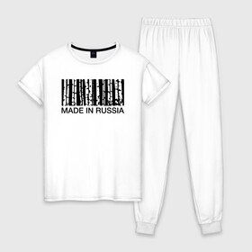 Женская пижама хлопок с принтом Made in Russia в Петрозаводске, 100% хлопок | брюки и футболка прямого кроя, без карманов, на брюках мягкая резинка на поясе и по низу штанин | barcode | country | forest | russia | береза | лес | родина | россия | страна | штрихкод