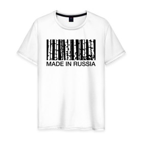 Мужская футболка хлопок с принтом Made in Russia в Петрозаводске, 100% хлопок | прямой крой, круглый вырез горловины, длина до линии бедер, слегка спущенное плечо. | barcode | country | forest | russia | береза | лес | родина | россия | страна | штрихкод