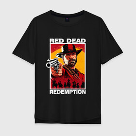 Мужская футболка хлопок Oversize с принтом Red Dead Redemption 3d в Петрозаводске, 100% хлопок | свободный крой, круглый ворот, “спинка” длиннее передней части | 3д | rdr | red dead redemption 2 | иллюзия | ковбой с пистолетом | персонаж из игры | рдр | ред дед редемпшен