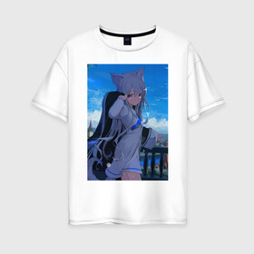Женская футболка хлопок Oversize с принтом Anime art в Петрозаводске, 100% хлопок | свободный крой, круглый ворот, спущенный рукав, длина до линии бедер
 | anime | art | china | girl | sky | аниме | арт | девушка | платье | уши