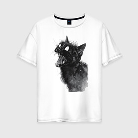 Женская футболка хлопок Oversize с принтом Грозовой кошак (опасный) в Петрозаводске, 100% хлопок | свободный крой, круглый ворот, спущенный рукав, длина до линии бедер
 | зубастый | котиков | коты | опасный | семья | черный