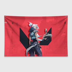 Флаг-баннер с принтом Valorant - Riot в Петрозаводске, 100% полиэстер | размер 67 х 109 см, плотность ткани — 95 г/м2; по краям флага есть четыре люверса для крепления | 2020 | action | game | riot | riot games | valorant | валорант | риот | экшн