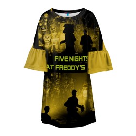 Детское платье 3D с принтом Five Nights at Freddys в Петрозаводске, 100% полиэстер | прямой силуэт, чуть расширенный к низу. Круглая горловина, на рукавах — воланы | Тематика изображения на принте: five | freddys | horror | nights | point and click | survival | игра | ночей | пять | фредди