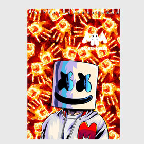 Скетчбук с принтом MARSHMELLO в Петрозаводске, 100% бумага
 | 48 листов, плотность листов — 100 г/м2, плотность картонной обложки — 250 г/м2. Листы скреплены сверху удобной пружинной спиралью | fire | marshmello | music | дым | зефир | зефирка | лого | лого marshmello | лого маршмеллоу | логотип | логотип marshmello | логотип маршмеллоу | маршиеллоу | маска | музыка | музыкант | огненная рука