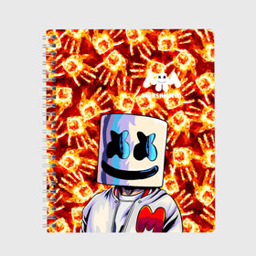 Тетрадь с принтом MARSHMELLO в Петрозаводске, 100% бумага | 48 листов, плотность листов — 60 г/м2, плотность картонной обложки — 250 г/м2. Листы скреплены сбоку удобной пружинной спиралью. Уголки страниц и обложки скругленные. Цвет линий — светло-серый
 | fire | marshmello | music | дым | зефир | зефирка | лого | лого marshmello | лого маршмеллоу | логотип | логотип marshmello | логотип маршмеллоу | маршиеллоу | маска | музыка | музыкант | огненная рука