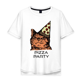 Мужская футболка хлопок Oversize с принтом PIZZA PARTY в Петрозаводске, 100% хлопок | свободный крой, круглый ворот, “спинка” длиннее передней части | Тематика изображения на принте: party | pizza | pizza party | time | арт | веселье | время | для детей | животные | картинка | кот | котик | котики | пицца | пиццы | рисунок | рыжий кот