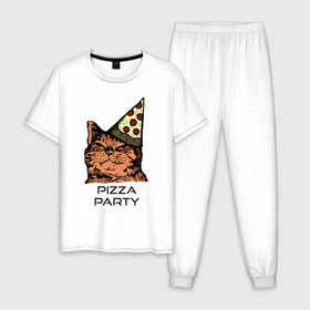 Мужская пижама хлопок с принтом PIZZA PARTY в Петрозаводске, 100% хлопок | брюки и футболка прямого кроя, без карманов, на брюках мягкая резинка на поясе и по низу штанин
 | Тематика изображения на принте: party | pizza | pizza party | time | арт | веселье | время | для детей | животные | картинка | кот | котик | котики | пицца | пиццы | рисунок | рыжий кот