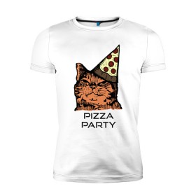 Мужская футболка премиум с принтом PIZZA PARTY в Петрозаводске, 92% хлопок, 8% лайкра | приталенный силуэт, круглый вырез ворота, длина до линии бедра, короткий рукав | party | pizza | pizza party | time | арт | веселье | время | для детей | животные | картинка | кот | котик | котики | пицца | пиццы | рисунок | рыжий кот