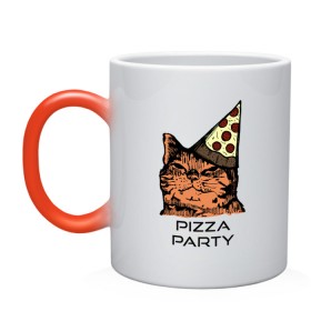 Кружка хамелеон с принтом PIZZA PARTY в Петрозаводске, керамика | меняет цвет при нагревании, емкость 330 мл | party | pizza | pizza party | time | арт | веселье | время | для детей | животные | картинка | кот | котик | котики | пицца | пиццы | рисунок | рыжий кот