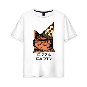 Женская футболка хлопок Oversize с принтом PIZZA PARTY в Петрозаводске, 100% хлопок | свободный крой, круглый ворот, спущенный рукав, длина до линии бедер
 | party | pizza | pizza party | time | арт | веселье | время | для детей | животные | картинка | кот | котик | котики | пицца | пиццы | рисунок | рыжий кот
