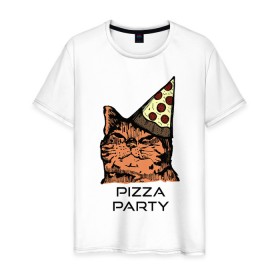 Мужская футболка хлопок с принтом PIZZA PARTY в Петрозаводске, 100% хлопок | прямой крой, круглый вырез горловины, длина до линии бедер, слегка спущенное плечо. | Тематика изображения на принте: party | pizza | pizza party | time | арт | веселье | время | для детей | животные | картинка | кот | котик | котики | пицца | пиццы | рисунок | рыжий кот