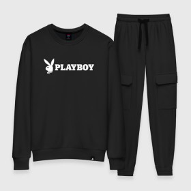 Женский костюм хлопок с принтом PLAYBOY в Петрозаводске, 100% хлопок | на свитшоте круглая горловина, мягкая резинка по низу. Брюки заужены к низу, на них два вида карманов: два 