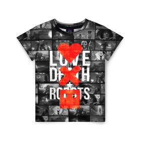 Детская футболка 3D с принтом LOVE DEATH ROBOTS (LDR) в Петрозаводске, 100% гипоаллергенный полиэфир | прямой крой, круглый вырез горловины, длина до линии бедер, чуть спущенное плечо, ткань немного тянется | Тематика изображения на принте: death | fantastic | future | ldr | love | love death and robots | love death robots | netflix | robots | sci fi | будущее | лдр | любовь | нетфликс | роботы | фантастика