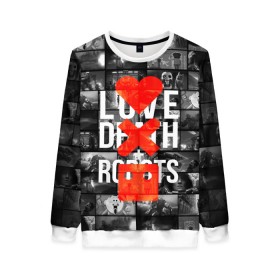 Женский свитшот 3D с принтом LOVE DEATH ROBOTS (LDR) в Петрозаводске, 100% полиэстер с мягким внутренним слоем | круглый вырез горловины, мягкая резинка на манжетах и поясе, свободная посадка по фигуре | death | fantastic | future | ldr | love | love death and robots | love death robots | netflix | robots | sci fi | будущее | лдр | любовь | нетфликс | роботы | фантастика