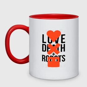 Кружка двухцветная с принтом LOVE DEATH ROBOTS (LDR) в Петрозаводске, керамика | объем — 330 мл, диаметр — 80 мм. Цветная ручка и кайма сверху, в некоторых цветах — вся внутренняя часть | death | fantastic | future | ldr | love | love death and robots | love death robots | netflix | robots | sci fi | будущее | лдр | любовь | нетфликс | роботы | фантастика