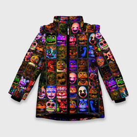 Зимняя куртка для девочек 3D с принтом Five Nights At Freddys в Петрозаводске, ткань верха — 100% полиэстер; подклад — 100% полиэстер, утеплитель — 100% полиэстер. | длина ниже бедра, удлиненная спинка, воротник стойка и отстегивающийся капюшон. Есть боковые карманы с листочкой на кнопках, утяжки по низу изделия и внутренний карман на молнии. 

Предусмотрены светоотражающий принт на спинке, радужный светоотражающий элемент на пуллере молнии и на резинке для утяжки. | 5 ночей | 5 ночей с фредди | 5 ночей с фреди | five nights at freddys | fnaf | foxy | аниматроники | игра | компьютерная игра | пять ночей с фредди | фокси | фредди | фреди | чика
