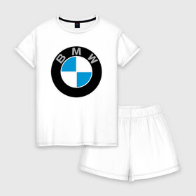 Женская пижама с шортиками хлопок с принтом BMW в Петрозаводске, 100% хлопок | футболка прямого кроя, шорты свободные с широкой мягкой резинкой | bmw | brand | car | germany | logo | speed | беха | бмв | бренд | германия | дрифт | лого | логотип | машина | надпись | парню | скорость | тачка | фирма