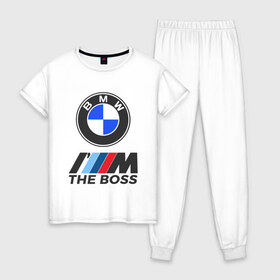 Женская пижама хлопок с принтом BMW BOSS в Петрозаводске, 100% хлопок | брюки и футболка прямого кроя, без карманов, на брюках мягкая резинка на поясе и по низу штанин | Тематика изображения на принте: bmw | bmw performance | m | motorsport | performance | бмв | бэха | моторспорт