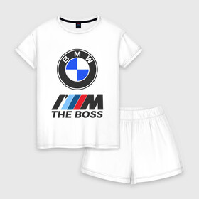 Женская пижама с шортиками хлопок с принтом BMW BOSS в Петрозаводске, 100% хлопок | футболка прямого кроя, шорты свободные с широкой мягкой резинкой | Тематика изображения на принте: bmw | bmw performance | m | motorsport | performance | бмв | бэха | моторспорт