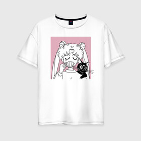 Женская футболка хлопок Oversize с принтом Sailor Moon Usagi Tsukino в Петрозаводске, 100% хлопок | свободный крой, круглый ворот, спущенный рукав, длина до линии бедер
 | anime | bunny | kawaii | luna | manga | sailor moon | sailors | usagi tsukino | аниме | луна | манга | сейлор мун | усаги цукино
