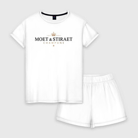 Женская пижама с шортиками хлопок с принтом MOET & STIRAET в Петрозаводске, 100% хлопок | футболка прямого кроя, шорты свободные с широкой мягкой резинкой | dolce  gabbana | marc  andre | moet  chandon | антибренд | бренд | брендовый | брэнд | знак | значок | ит | как | лого | логотип | моет | моет шандон | пародия | прикол | салон | салоновский | символ | стирает | фирменный