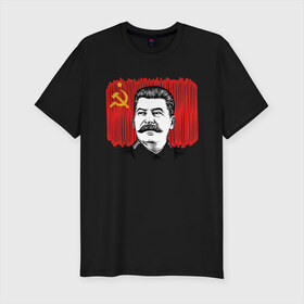 Мужская футболка хлопок Slim с принтом Сталин и флаг СССР в Петрозаводске, 92% хлопок, 8% лайкра | приталенный силуэт, круглый вырез ворота, длина до линии бедра, короткий рукав | джугашвили | иосиф | капитал | капитализм | коба | коммунизм | коммунист | маркс | победа | ретро | родина | серп и молот | советский союз | социализм | социалист | ссср | сталин | страна | флаг