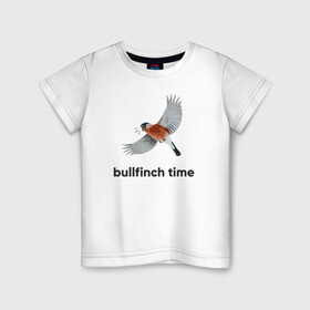 Детская футболка хлопок с принтом Bullfinch time в Петрозаводске, 100% хлопок | круглый вырез горловины, полуприлегающий силуэт, длина до линии бедер | Тематика изображения на принте: bird | bullfinch | wings | летать | полет | птица | снегирь