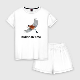 Женская пижама с шортиками хлопок с принтом Bullfinch time в Петрозаводске, 100% хлопок | футболка прямого кроя, шорты свободные с широкой мягкой резинкой | bird | bullfinch | wings | летать | полет | птица | снегирь