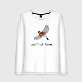 Женский лонгслив хлопок с принтом Bullfinch time в Петрозаводске, 100% хлопок |  | bird | bullfinch | wings | летать | полет | птица | снегирь