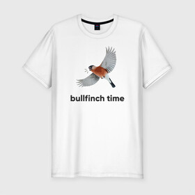 Мужская футболка хлопок Slim с принтом Bullfinch time в Петрозаводске, 92% хлопок, 8% лайкра | приталенный силуэт, круглый вырез ворота, длина до линии бедра, короткий рукав | Тематика изображения на принте: bird | bullfinch | wings | летать | полет | птица | снегирь