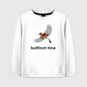 Детский лонгслив хлопок с принтом Bullfinch time в Петрозаводске, 100% хлопок | круглый вырез горловины, полуприлегающий силуэт, длина до линии бедер | Тематика изображения на принте: bird | bullfinch | wings | летать | полет | птица | снегирь