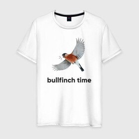 Мужская футболка хлопок с принтом Bullfinch time в Петрозаводске, 100% хлопок | прямой крой, круглый вырез горловины, длина до линии бедер, слегка спущенное плечо. | bird | bullfinch | wings | летать | полет | птица | снегирь