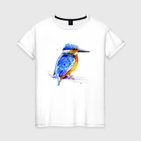 Женская футболка хлопок с принтом Kingfisher в Петрозаводске, 100% хлопок | прямой крой, круглый вырез горловины, длина до линии бедер, слегка спущенное плечо | акварель | графика | зимородок | крутой | модный | принт | птица | птичка | рисунок | рыбак | рыболов | скетч | стильный | яркий