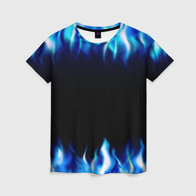 Женская футболка 3D с принтом Синий Огонь в Петрозаводске, 100% полиэфир ( синтетическое хлопкоподобное полотно) | прямой крой, круглый вырез горловины, длина до линии бедер | абстракция | блеск | волны | дракон | дым | крутой | линии | неон | неоновый | ночь | огненный | огни | огонь | пламя | свет | синий | сияние | яркий