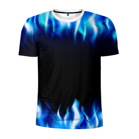 Мужская футболка 3D спортивная с принтом Синий Огонь в Петрозаводске, 100% полиэстер с улучшенными характеристиками | приталенный силуэт, круглая горловина, широкие плечи, сужается к линии бедра | абстракция | блеск | волны | дракон | дым | крутой | линии | неон | неоновый | ночь | огненный | огни | огонь | пламя | свет | синий | сияние | яркий