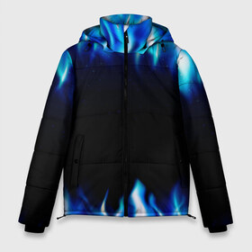Мужская зимняя куртка 3D с принтом Синий Огонь в Петрозаводске, верх — 100% полиэстер; подкладка — 100% полиэстер; утеплитель — 100% полиэстер | длина ниже бедра, свободный силуэт Оверсайз. Есть воротник-стойка, отстегивающийся капюшон и ветрозащитная планка. 

Боковые карманы с листочкой на кнопках и внутренний карман на молнии. | абстракция | блеск | волны | дракон | дым | крутой | линии | неон | неоновый | ночь | огненный | огни | огонь | пламя | свет | синий | сияние | яркий