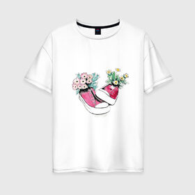 Женская футболка хлопок Oversize с принтом Кеды в Петрозаводске, 100% хлопок | свободный крой, круглый ворот, спущенный рукав, длина до линии бедер
 | аромат | букет | весна | кеды | кросовки | кроссовки | лето | обувь | прикольные кеды | розовый | цветы