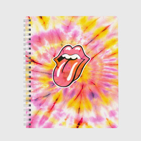 Тетрадь с принтом Rolling Stones tie-dye в Петрозаводске, 100% бумага | 48 листов, плотность листов — 60 г/м2, плотность картонной обложки — 250 г/м2. Листы скреплены сбоку удобной пружинной спиралью. Уголки страниц и обложки скругленные. Цвет линий — светло-серый
 | Тематика изображения на принте: mick jagger | music | rock | rolling stones | музыка | рок