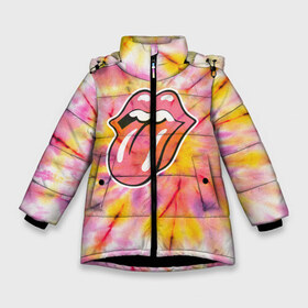 Зимняя куртка для девочек 3D с принтом Rolling Stones tie-dye в Петрозаводске, ткань верха — 100% полиэстер; подклад — 100% полиэстер, утеплитель — 100% полиэстер. | длина ниже бедра, удлиненная спинка, воротник стойка и отстегивающийся капюшон. Есть боковые карманы с листочкой на кнопках, утяжки по низу изделия и внутренний карман на молнии. 

Предусмотрены светоотражающий принт на спинке, радужный светоотражающий элемент на пуллере молнии и на резинке для утяжки. | Тематика изображения на принте: mick jagger | music | rock | rolling stones | музыка | рок