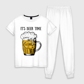 Женская пижама хлопок с принтом Its beer time в Петрозаводске, 100% хлопок | брюки и футболка прямого кроя, без карманов, на брюках мягкая резинка на поясе и по низу штанин | beer | beer time | its beer time | надпись