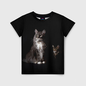 Детская футболка 3D с принтом Котики в Петрозаводске, 100% гипоаллергенный полиэфир | прямой крой, круглый вырез горловины, длина до линии бедер, чуть спущенное плечо, ткань немного тянется | Тематика изображения на принте: animal | animals | beast | black | cat | kitten | животное | животные | зверек | зверь | кот | котейка | котенок | котики | котэ | кошка | кошки | мейн кун | черная