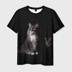 Мужская футболка 3D с принтом Котики в Петрозаводске, 100% полиэфир | прямой крой, круглый вырез горловины, длина до линии бедер | Тематика изображения на принте: animal | animals | beast | black | cat | kitten | животное | животные | зверек | зверь | кот | котейка | котенок | котики | котэ | кошка | кошки | мейн кун | черная