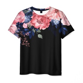 Мужская футболка 3D с принтом цветы на черном в Петрозаводске, 100% полиэфир | прямой крой, круглый вырез горловины, длина до линии бедер | 3d | big picture | красиво | прикольные картинки | цветы