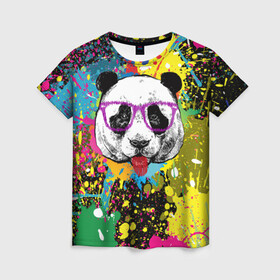 Женская футболка 3D с принтом Панда хипстер в брызгах краски в Петрозаводске, 100% полиэфир ( синтетическое хлопкоподобное полотно) | прямой крой, круглый вырез горловины, длина до линии бедер | hipster | panda | брызги | в очках | краска | краски | красок | крутая | милая | модная | очки | панда | показывает язык | пятна | хипстер | экспрессионизм | язык | яркая | яркие