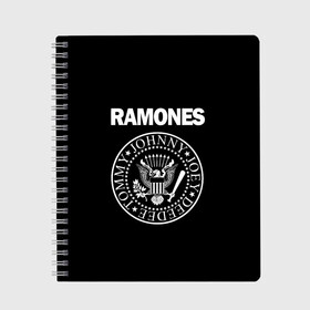 Тетрадь с принтом RAMONES в Петрозаводске, 100% бумага | 48 листов, плотность листов — 60 г/м2, плотность картонной обложки — 250 г/м2. Листы скреплены сбоку удобной пружинной спиралью. Уголки страниц и обложки скругленные. Цвет линий — светло-серый
 | Тематика изображения на принте: america | ramones | rock | usa | америка | джонни рамон | джоуи рамон | ди ди рамон | клем бурк | кристофер уорд | марки рамон | рамоунз | ричи рамон | рок | сша | томми рамон